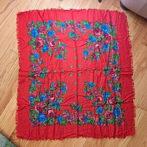 vintage 70s 80s scarf made in Japan Red floral frayed hem 33" x 29" roses boho